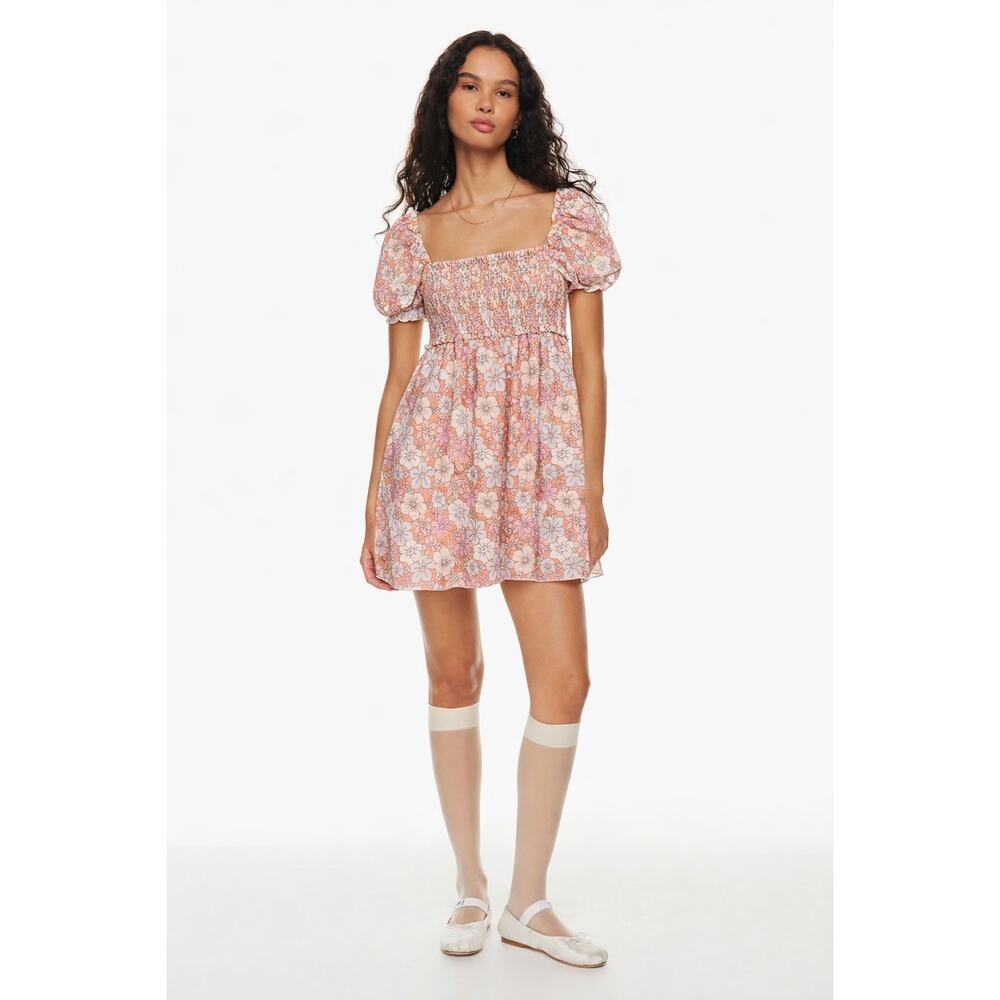 Aritzia Sunday Best Retro Floral Smocked Dress Linen Organic Cotton Small Picnic - Picture 2 of 9